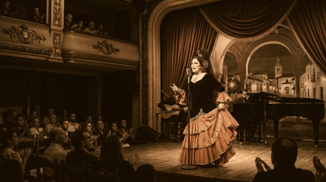 Flamenco singer in black and red dress performing on stage with live musicians